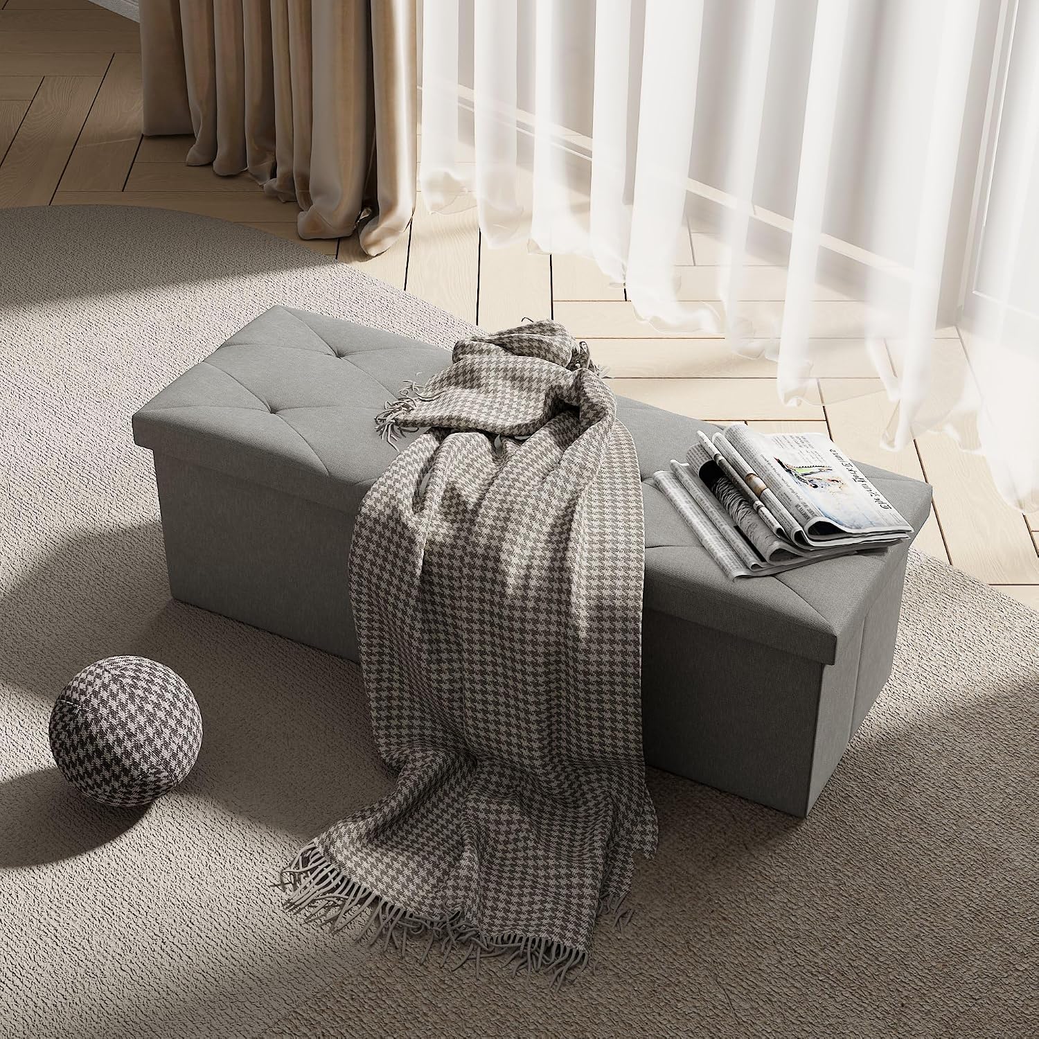 VECELO 43'' Folding Storage Ottoman Bench, Storage Chest, Linen Fabric Foot Rest Stool, 158L Storage Footstools for Bedroom and Living Room, Holds up to 660 lbs, Grey