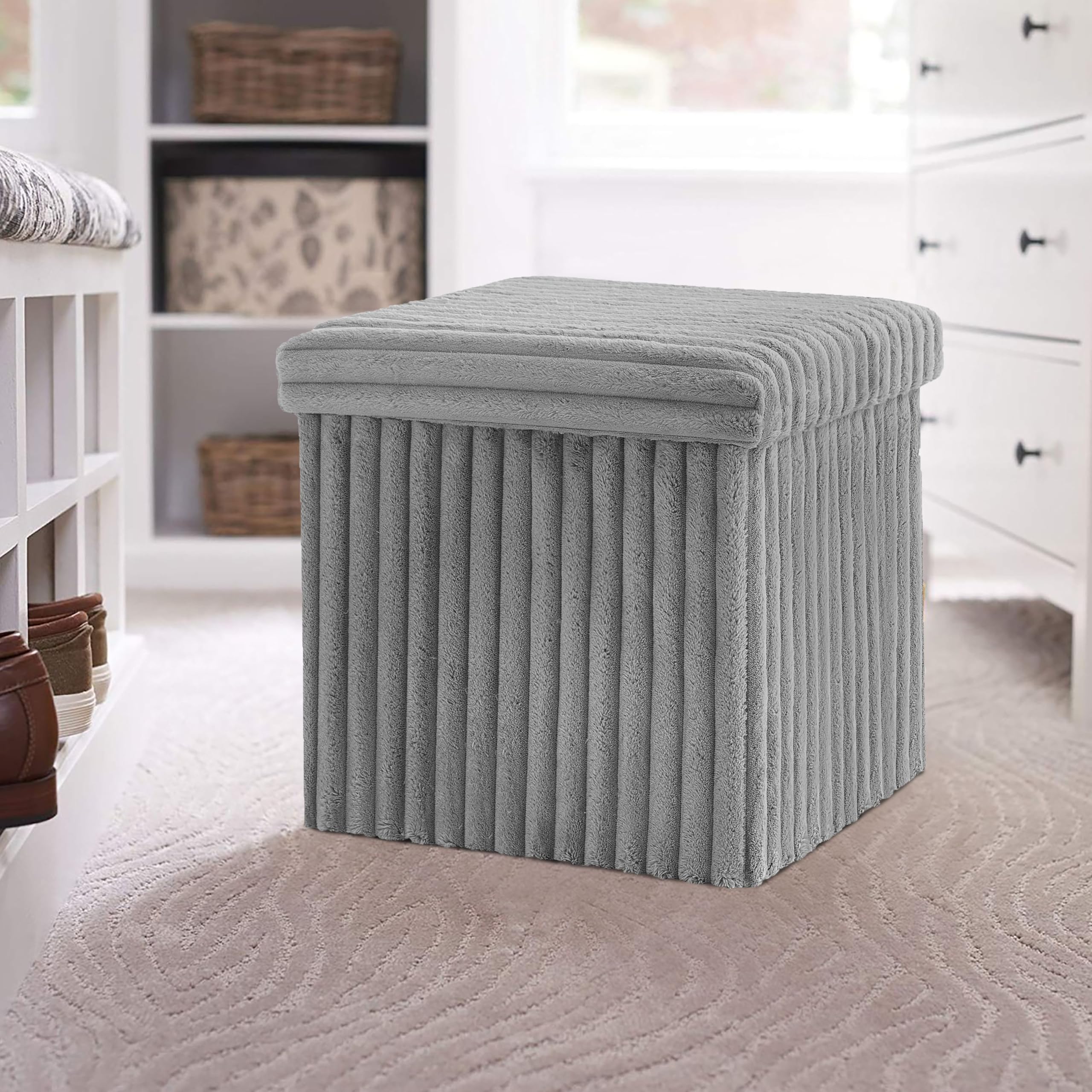 GC GAVENO CAVAILIA Ottoman Storage Box for Living Room | Toys, Clothes, Blanket Storage Box With Lid | Square Foldable Storage Box Footstool Storage Bench (38x38x38 cm)