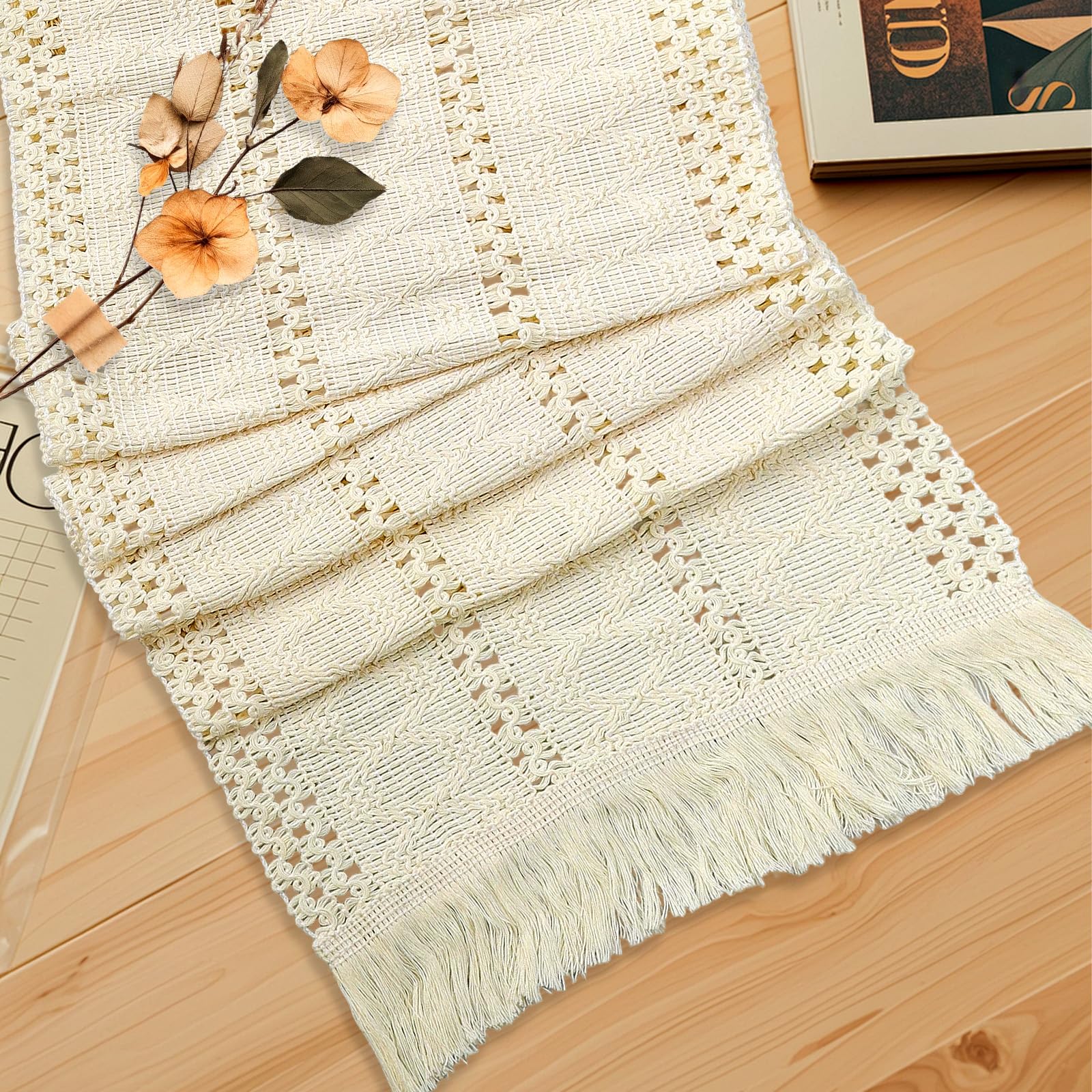 BLMHTWO Boho Table Runner, Farmhouse Table Runners with Tassels, Macrame Rustic Cream Table Runners for Bohemian Kitchen Dining Table (12x63Inches)