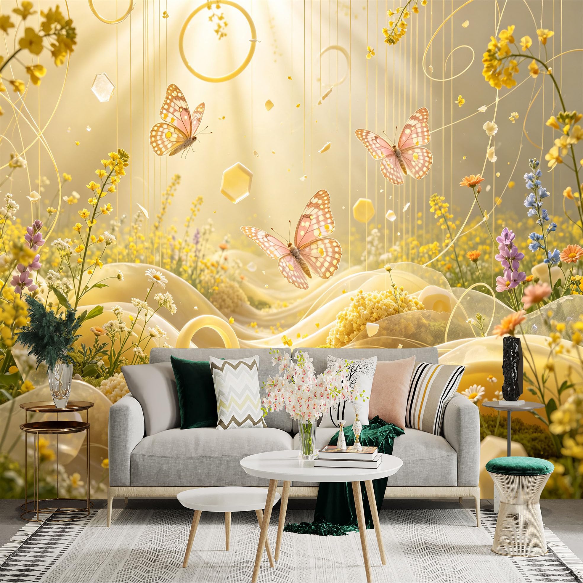 Custom Size Wall Sticker Mural， Dreamy Golden Meadow with Floating Butterflies， Abstract Floral and Hexagonal Elements， for wall Decoration， peelandstick wall Decals.