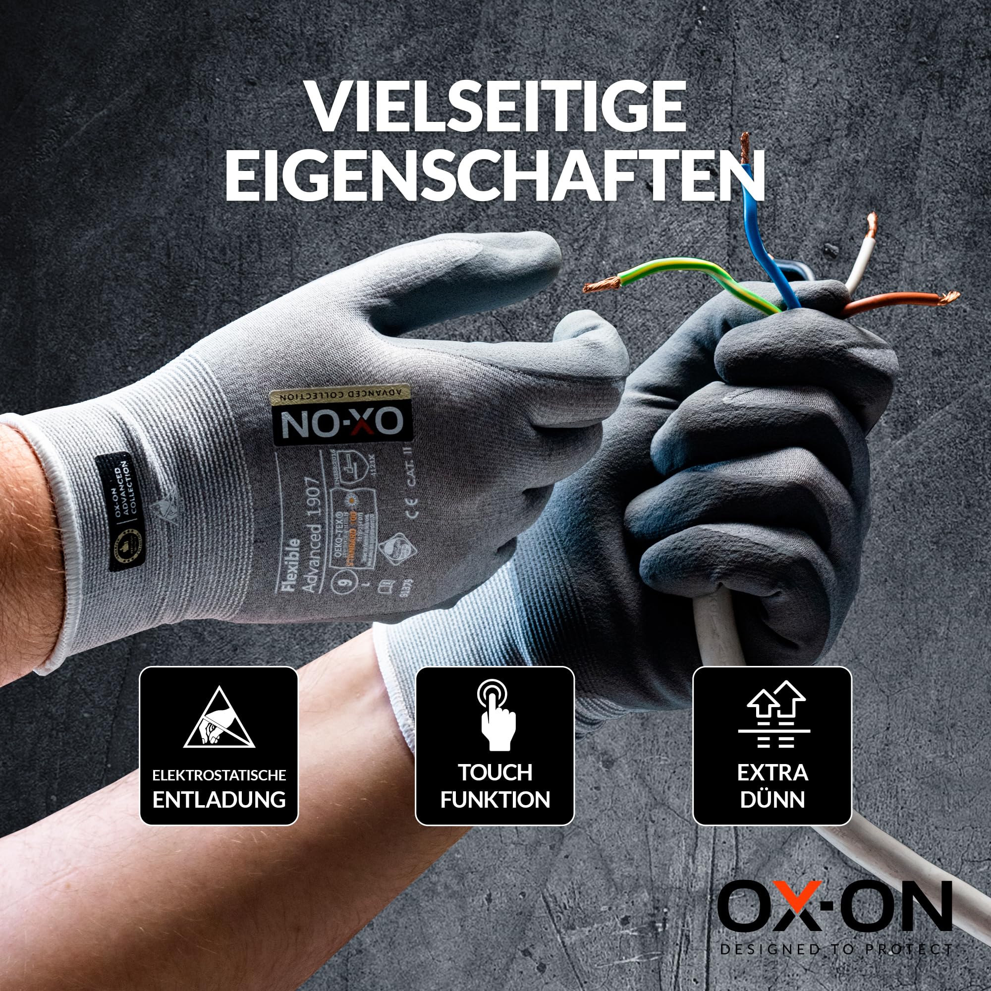 OX-ON FLEXIBLE ADVANCED 1907 Arbeitshandschuhe in Grau I 12 Paar Montagehandschuhe mit ESD-Zertifizierung & Nitrilschaumbeschichtung I Flexibel & mit Touch-Funktion I EN Zertifizierung I Gr. 11