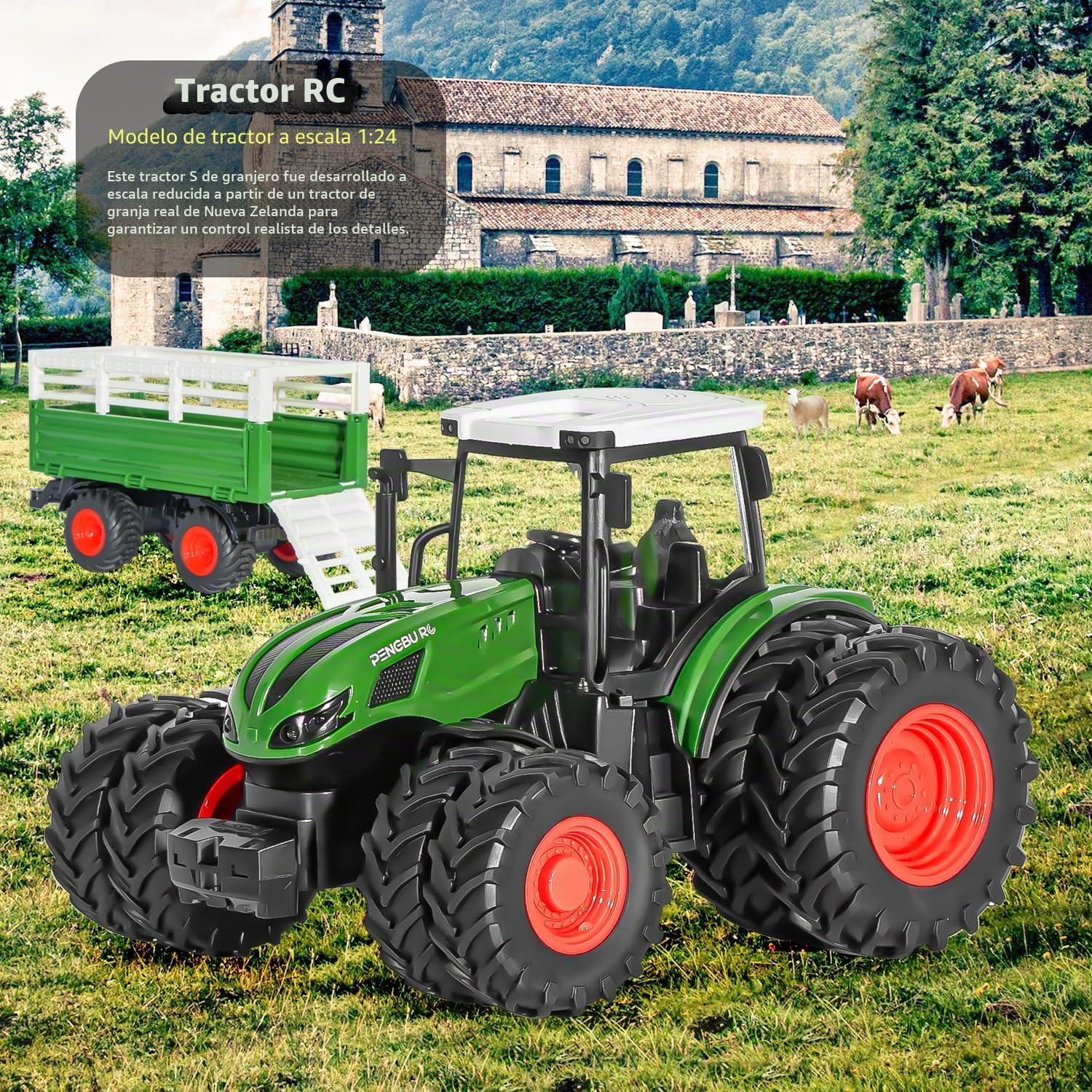 Tractor Juguete a Partir de 3 años, 2.4 GHz Tractor teledirigido teledirigido con Remolque, RC Trecker Juguete con Mando a Distancia, Vaca y Oveja, Regalo 2 3 4 6 años