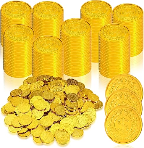 Hanaive 800 monedas piratas de plástico, tesoro dorado, doblón español, moneda de juguete falsa de San Patricio para niños, juegos de mesa, fiesta
