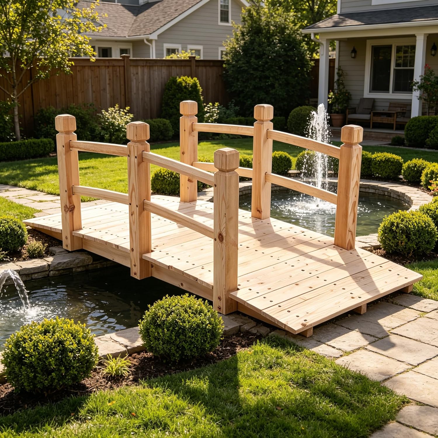5 ft Garden Bridge Wooden Bridges for Outdoors, Classic Arch with Safety Rails Stained Finished Footbridge, Garden Decor Pond Landscaping, Creek or Far, Backyard Decoration, Wood