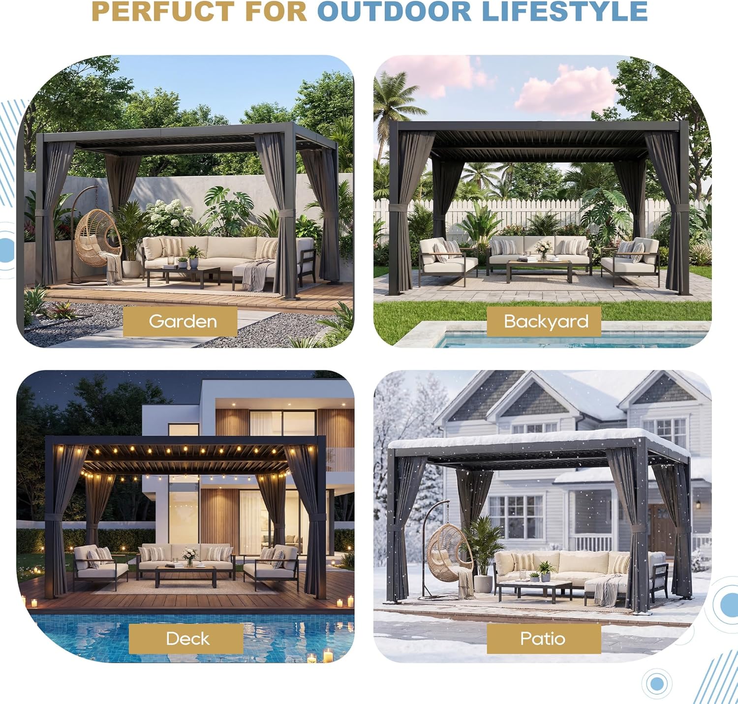 10' ×13' Aluminum Louvered Pergola, Outdoor Pergola with Curtains & Netting, Outdoor Hardtop Gazebo with Adjustable Roof, All-Weather Metal Pergola for Patio, Garden, Deck (Black with Curtain)