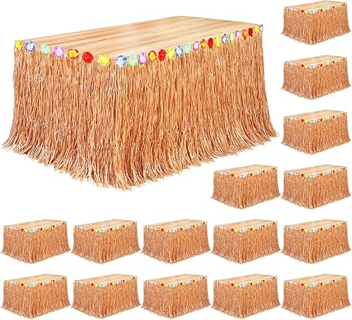 Miniatura 21 de Fovths Paquete de 4 faldas de mesa de hierba Luau natural de 9 pies x 29.5 pulgadas, falda de mesa hawaiana para decoraciones tropicales hawaianas