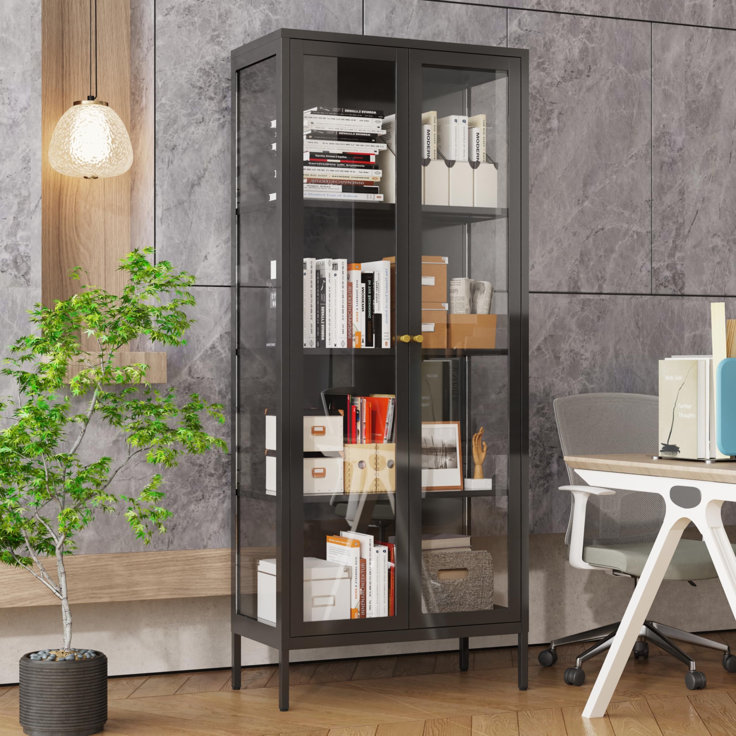 Display Cabinet with Glass Doors, Glass Display Cabinet 4-Tier,Curio Display Cabinet with Tempered Glass Doors,Metal Storage Cabinet for Bedroom, Living Room,Dining Room.Black