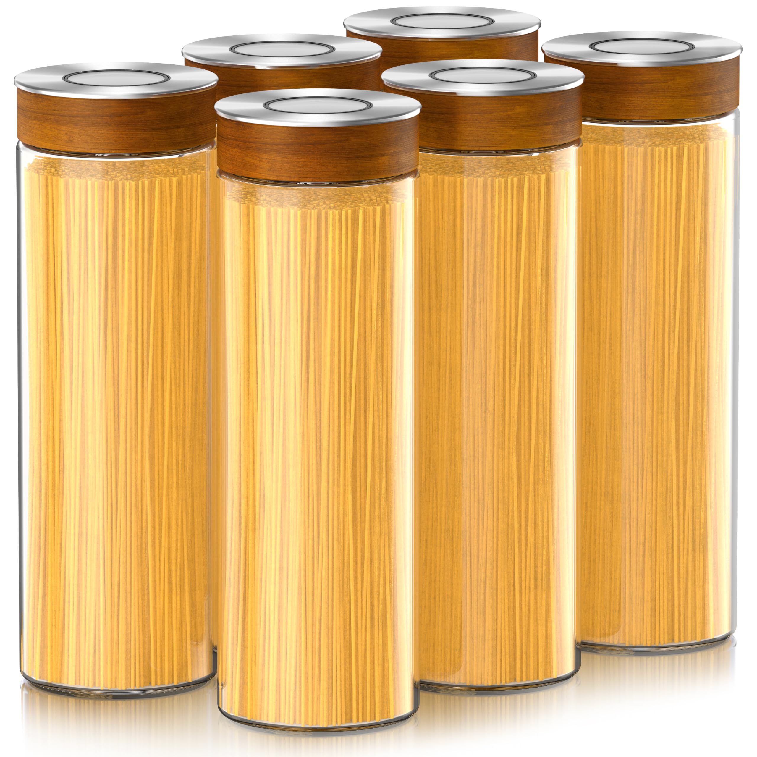 Arendo - 6x Vorratsglas mit Vakuumdeckel luftdicht – rund – 1700 ml – Borosilikatglas – Silikondichtung – mit Deckel Edelstahl – Holzdeckel Akazienholz Ring – Lebensmittelecht