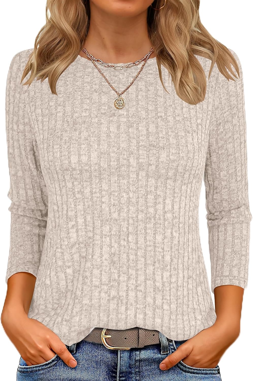 ANRABESS Women 3/4 Sleeve Length Shirts 2025 Fall Lightweight Sweaters Loose Fit Ribbed Knit Casual Soft Layering Tops