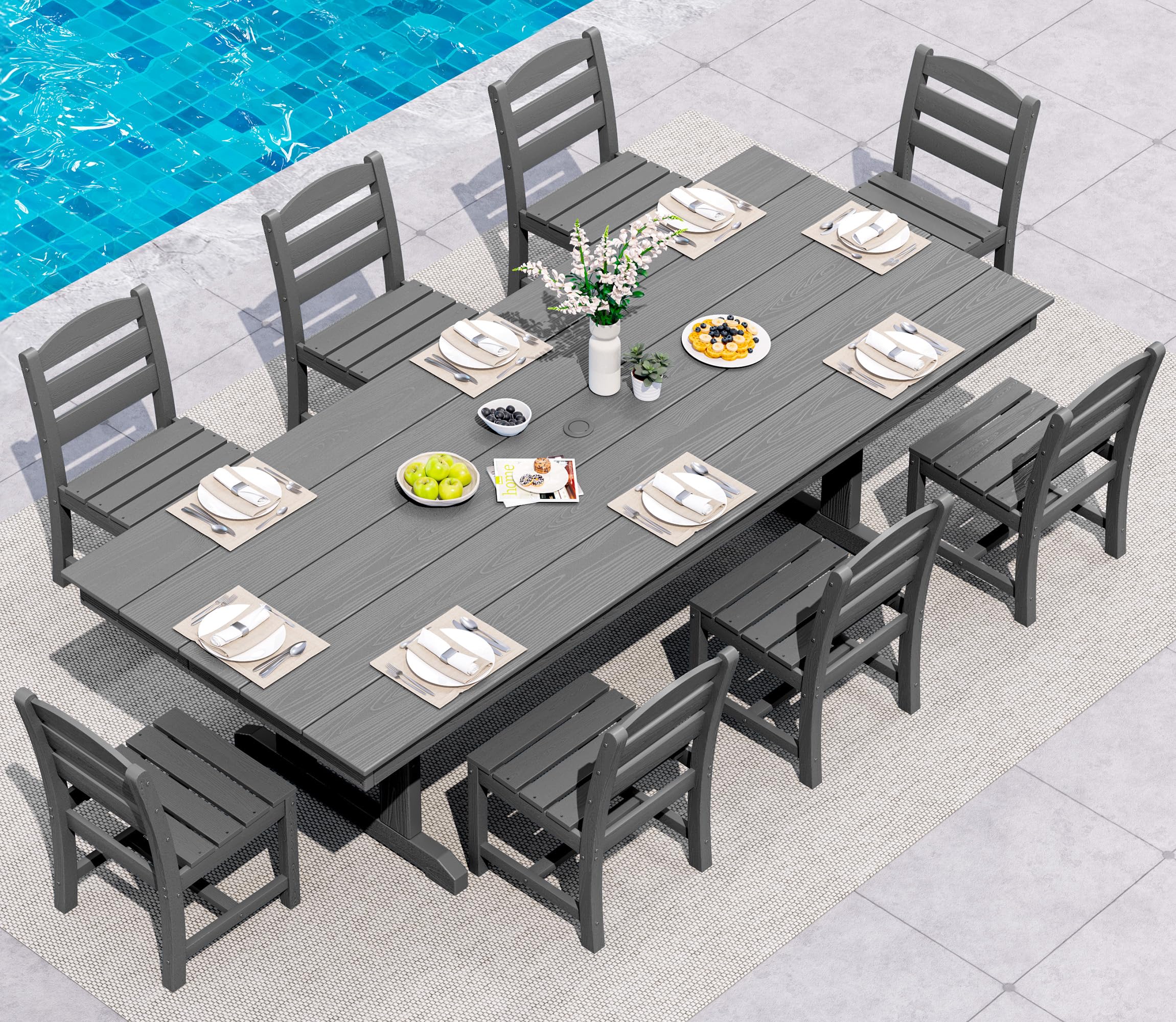 SERWALL 9Pcs 84" HDPE Outdoor Dining Set for 8 with Armless Chairs,Gray