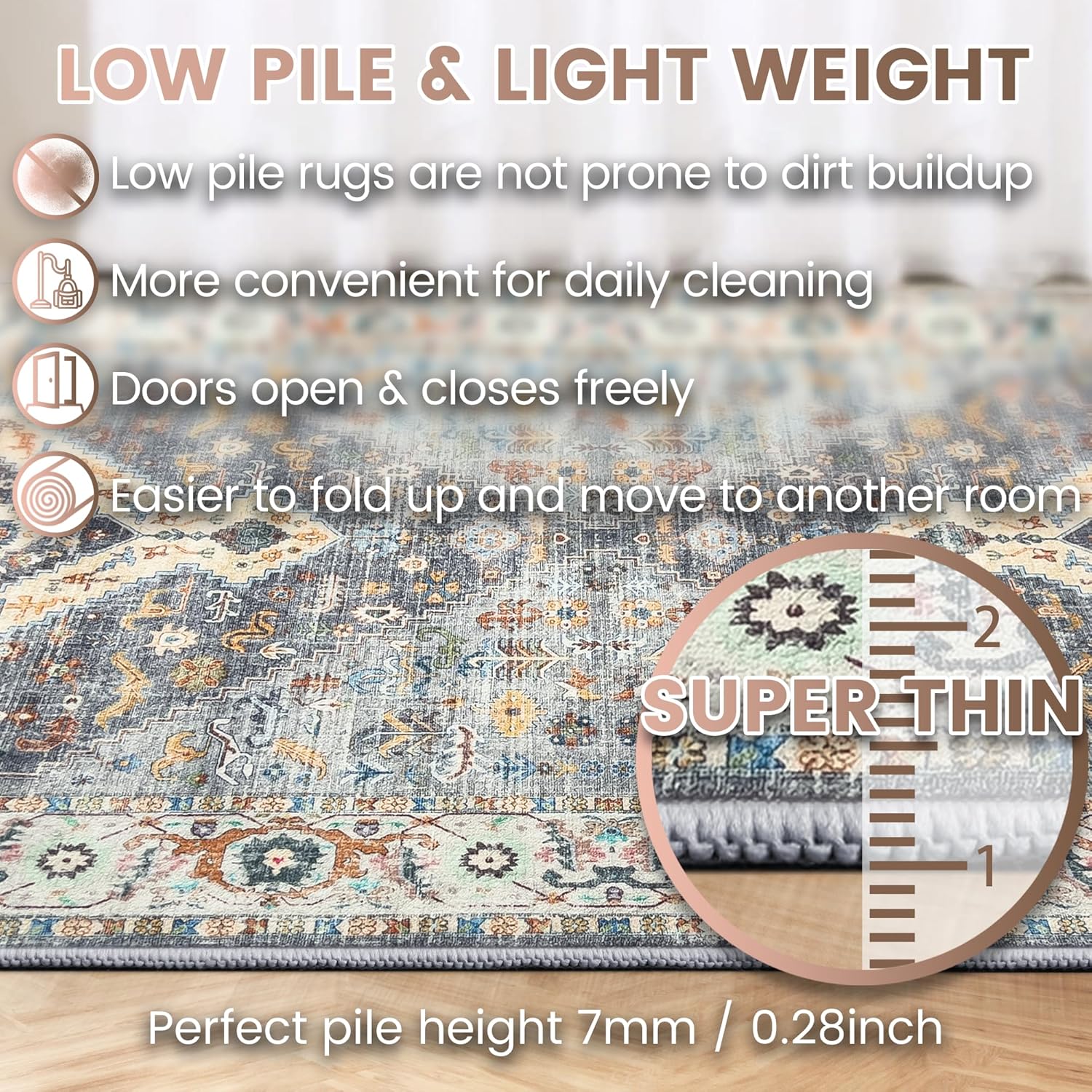 Boho Vintage Area Rug, 8x10 Washable Retro Bohemian Moroccan Accent Neutral Large Rugs, Ultra Thin Low Pile Lightweight Indoor Nonshedding Nonslip Floor Carpet for Living Room Bedroom Kidsroom Office