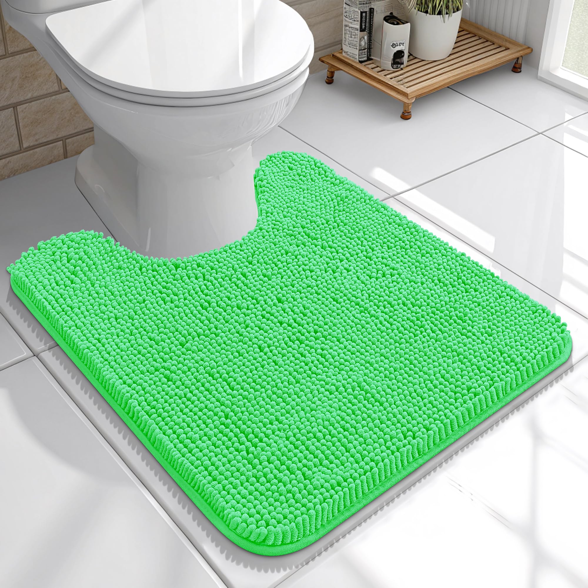OLANLY Toilet Rugs U-Shaped 20x20, Soft Absorbent Chenille Contour Rugs | Mint Green, Quick-Drying Rubber Backing, Machine Washable Non-Slip Shaggy Bathroom Mat for Toilet, Home Decor Accessories