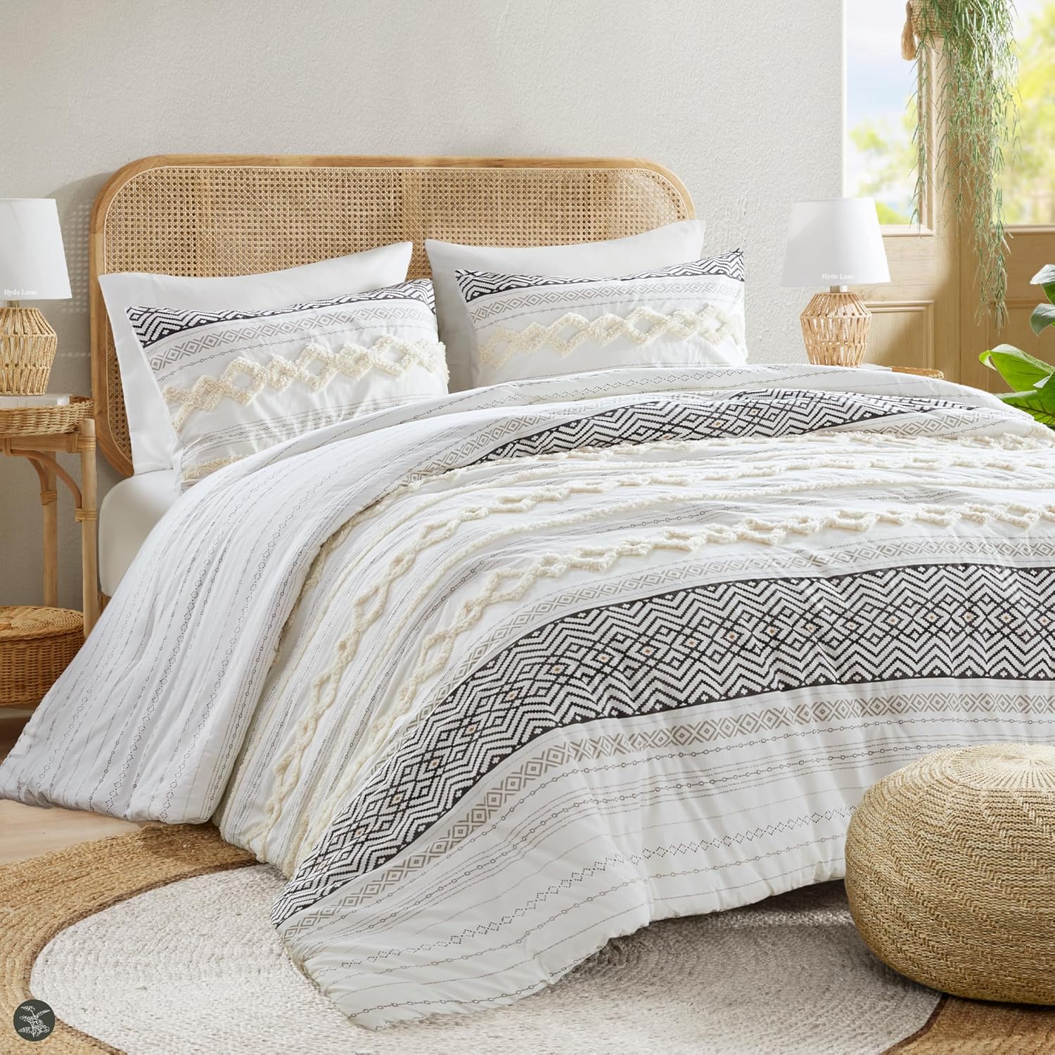 Hyde Lane Farmhouse Bedding Comforter Sets, Ivory Full/Queen Size Boho Bed Set,Cotton Top with Modern Neutral Style Clipped Jacquard Stripes, 3-Pieces Including Pillow Shams (90x90 Inches)