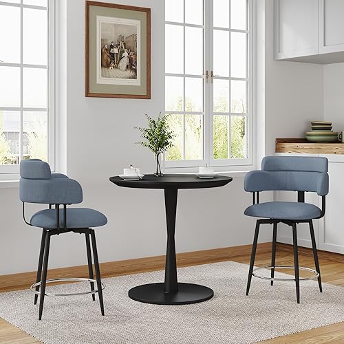 Miniatura 8 de Juego de 2 taburetes de bar giratorios de 24 pulgadas de altura de mostrador con tela de lino tapizada, respaldo completo ergonómico, giratorio de