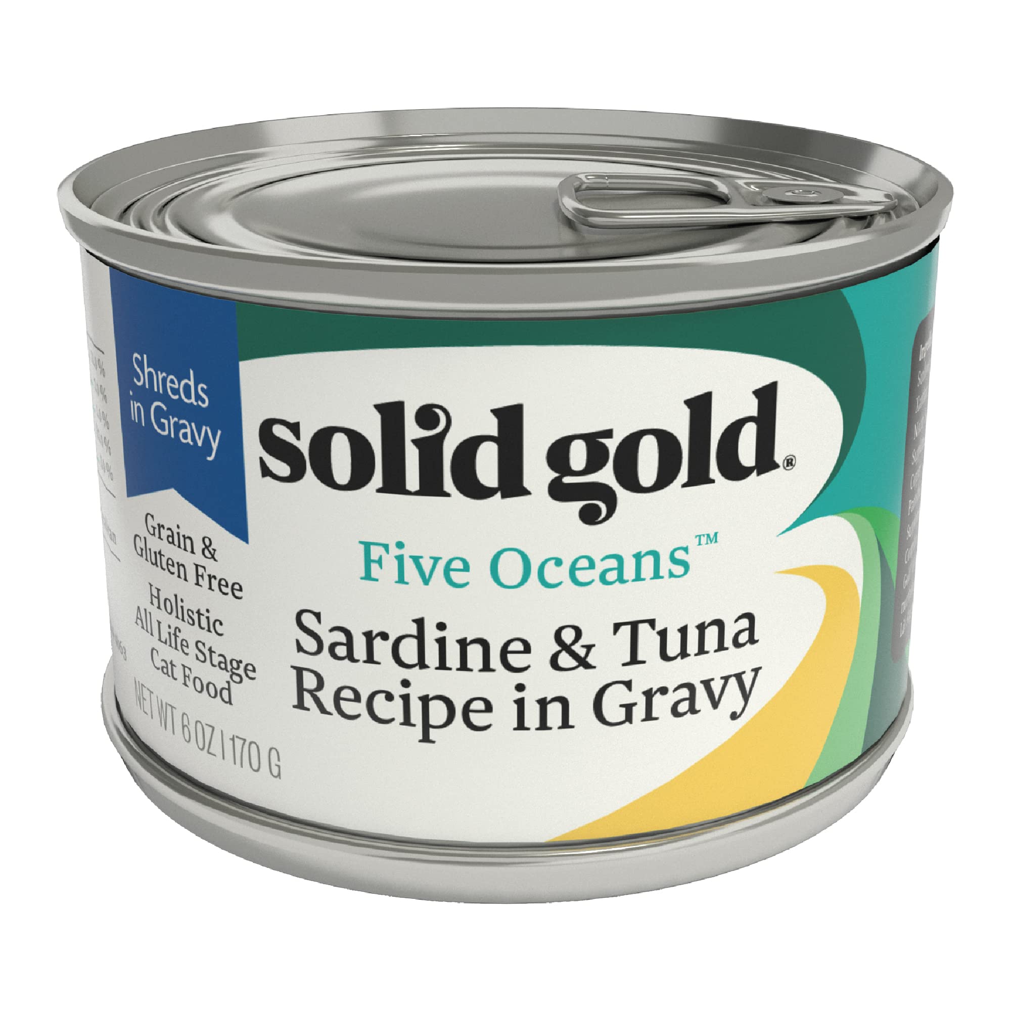 Solid Gold Five Oceans Wet Cat Food - Sardine & Tuna Shreds in Gravy - Canned Cat Food, 8 Pack
