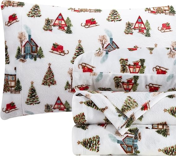 Elegant Comfort Luxuriously Soft 4-Piece Holiday Velvet Plush Flannel Sheet Set - Premium Quality - Cozy Warm, Christmas Fuzzy Velvet Flannel Fleece Deep Pocket Sheet Set - Cal King, Bungalow