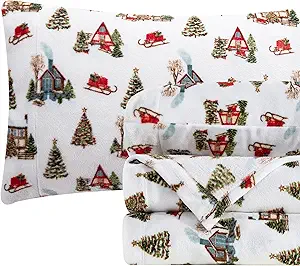 Elegant Comfort Luxuriously Soft 4-Piece Holiday Velvet Plush Flannel Sheet Set - Premium Quality - Cozy Warm, Christmas Fuzzy Velvet Flannel Fleece Deep Pocket Sheet Set - Cal King, Bungalow