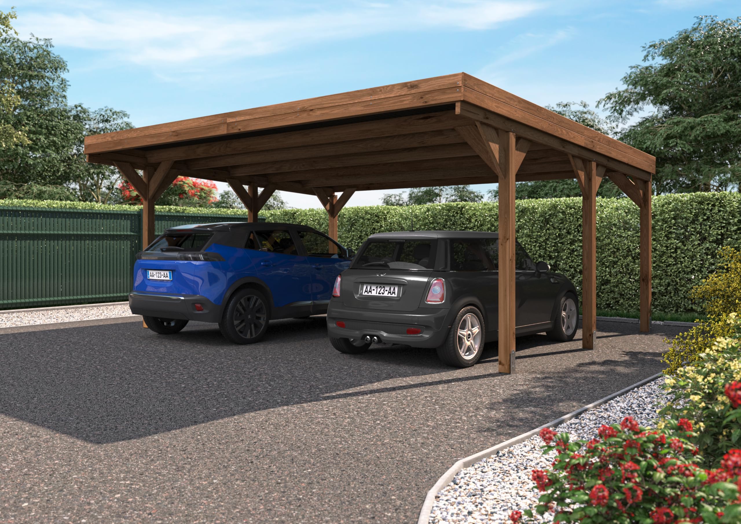 Forest Style - Cochera Doble Victor 30,9 m² (6,02 x 5,11 x 2,52 m) – Madera de Pino Tratada – Techo de Policarbonato – Aparcamiento Cubierto para 2 Coches – Estructura Robusta y Resistente
