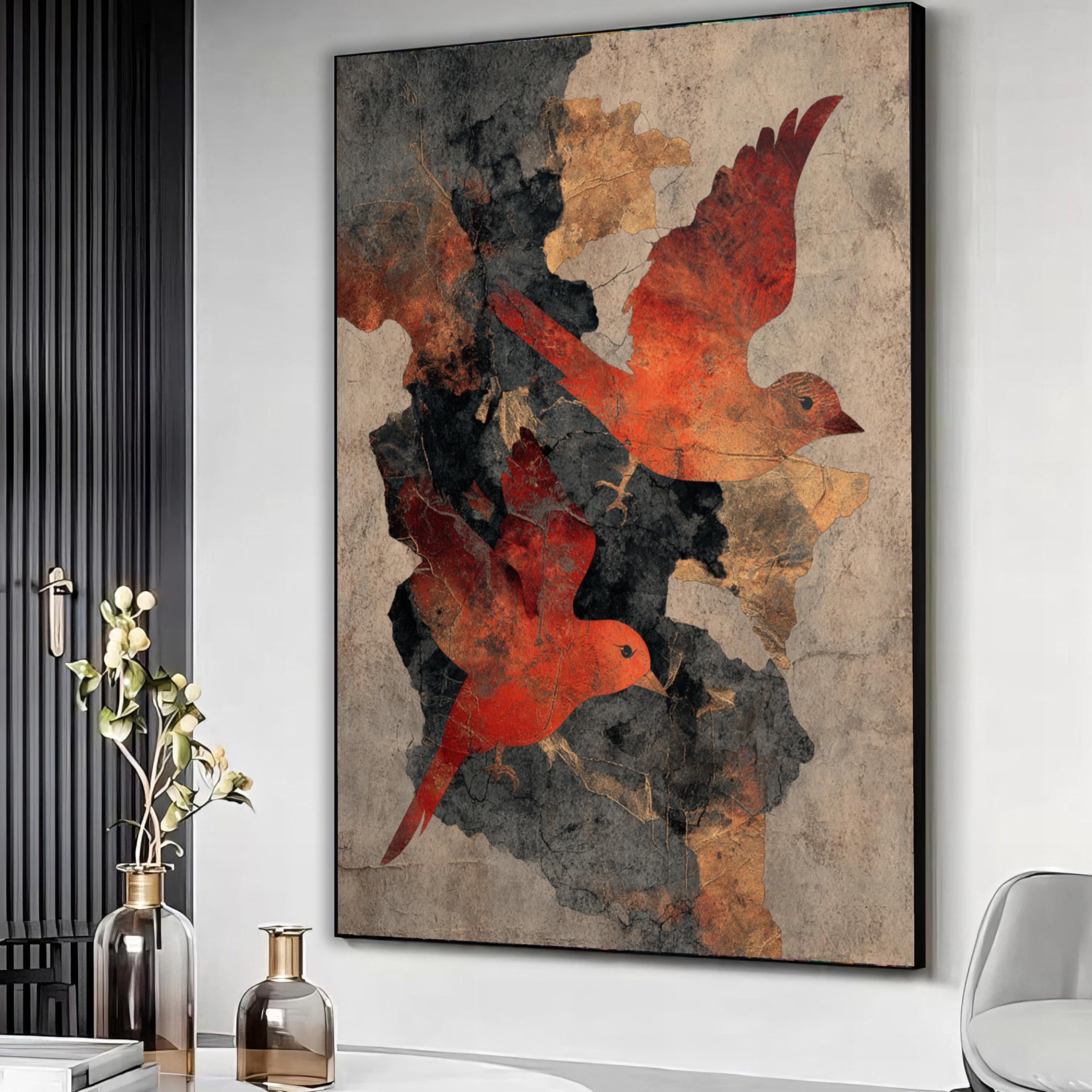 XBTYKPB Rustic Red Birds Canvas Wall Art, Textured Bird Painting, Nature Inspired Home Decor, Vintage Style Canvas, Ready to Hang(80x110cm/Frameless)