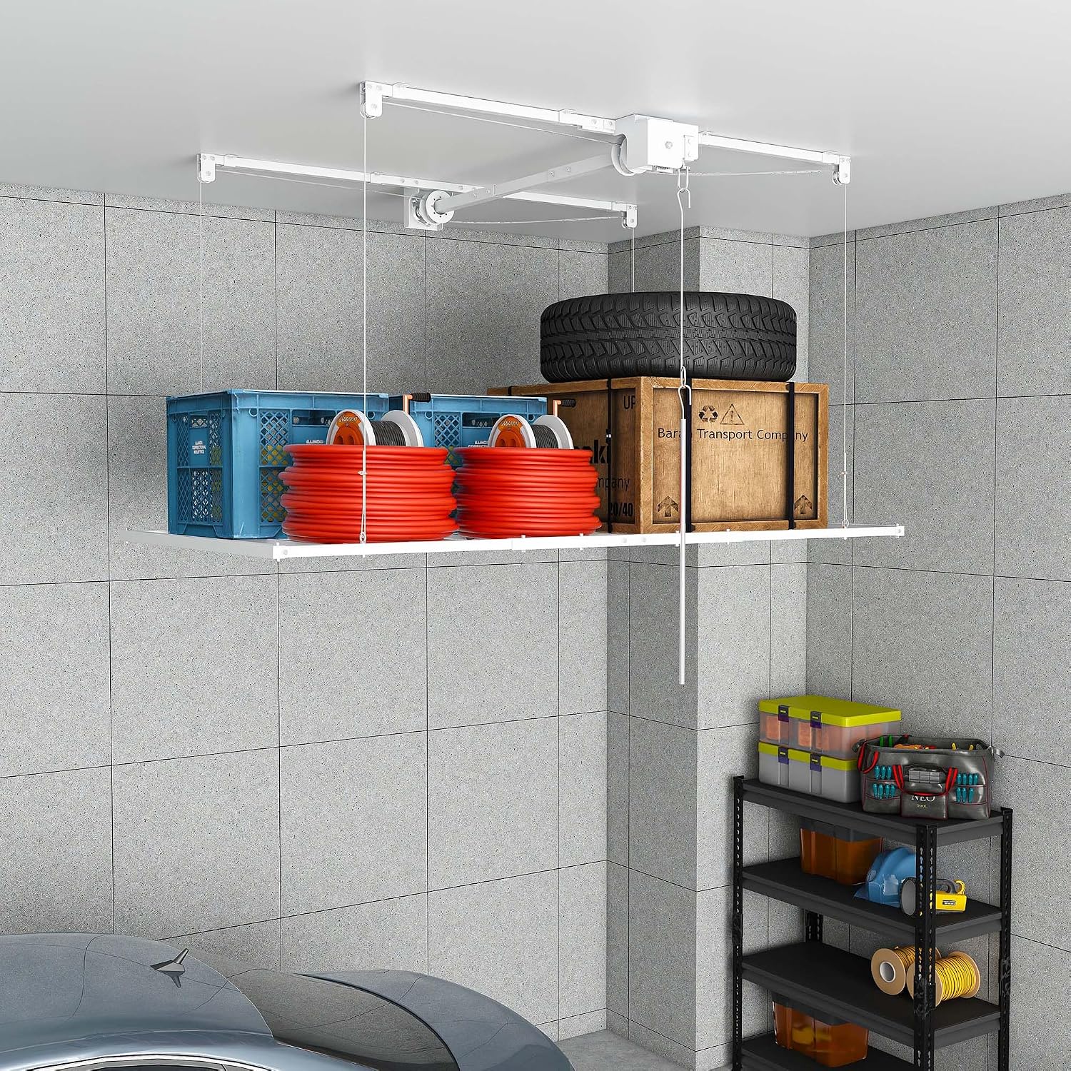 4x4 Garage Ceiling Storage Racks With Crank Lift, Garage Overhead Storage Racks For High Ceilings 10–12 Ft, 250 Lbs Load Capacity, All-Steel Frame, Garage Organization System (8 x 4)
