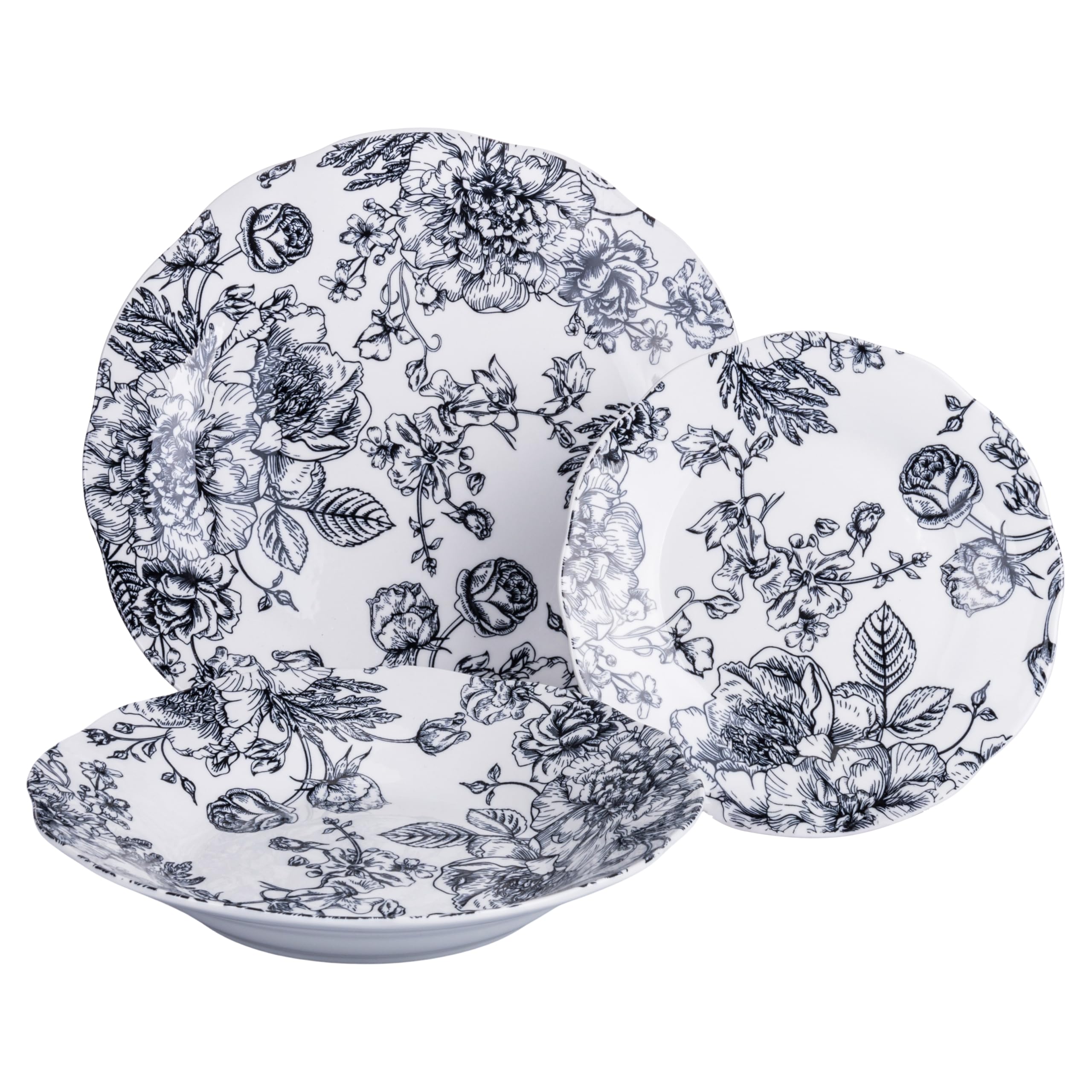 18-częściowy serwis obiadowy z porcelany, 6-osobowy zastawa stołowa, dekoracja kwiatowa, Madame Black