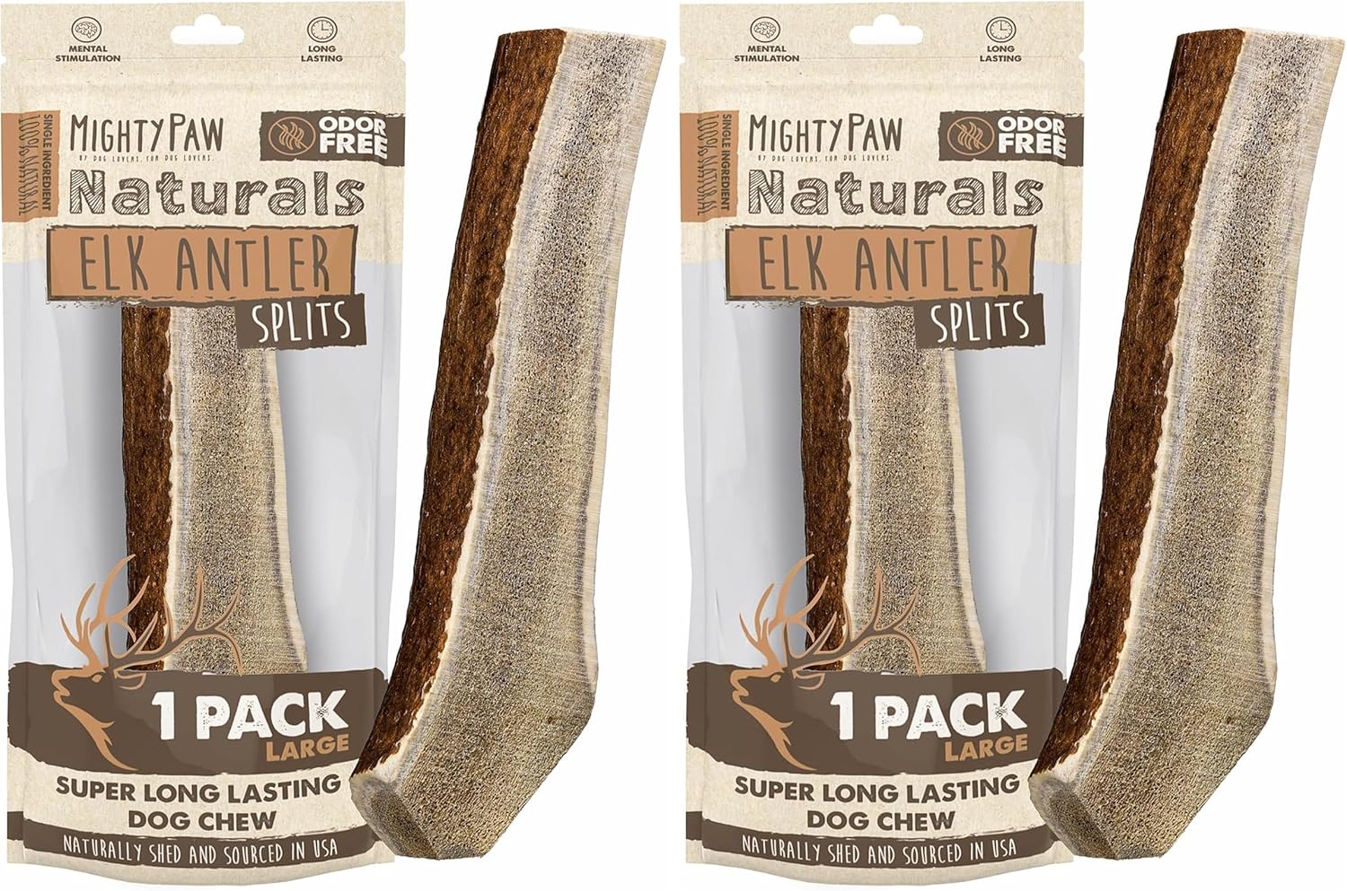 Mighty Paw Split Elk Antlers for Dogs (Sourced in The USA) | 2 Pack, Large 7"+ Long Lasting Bones for Aggressive Chewers - Naturally Shed Split Deer Antler for Dogs - Low Odor Chews