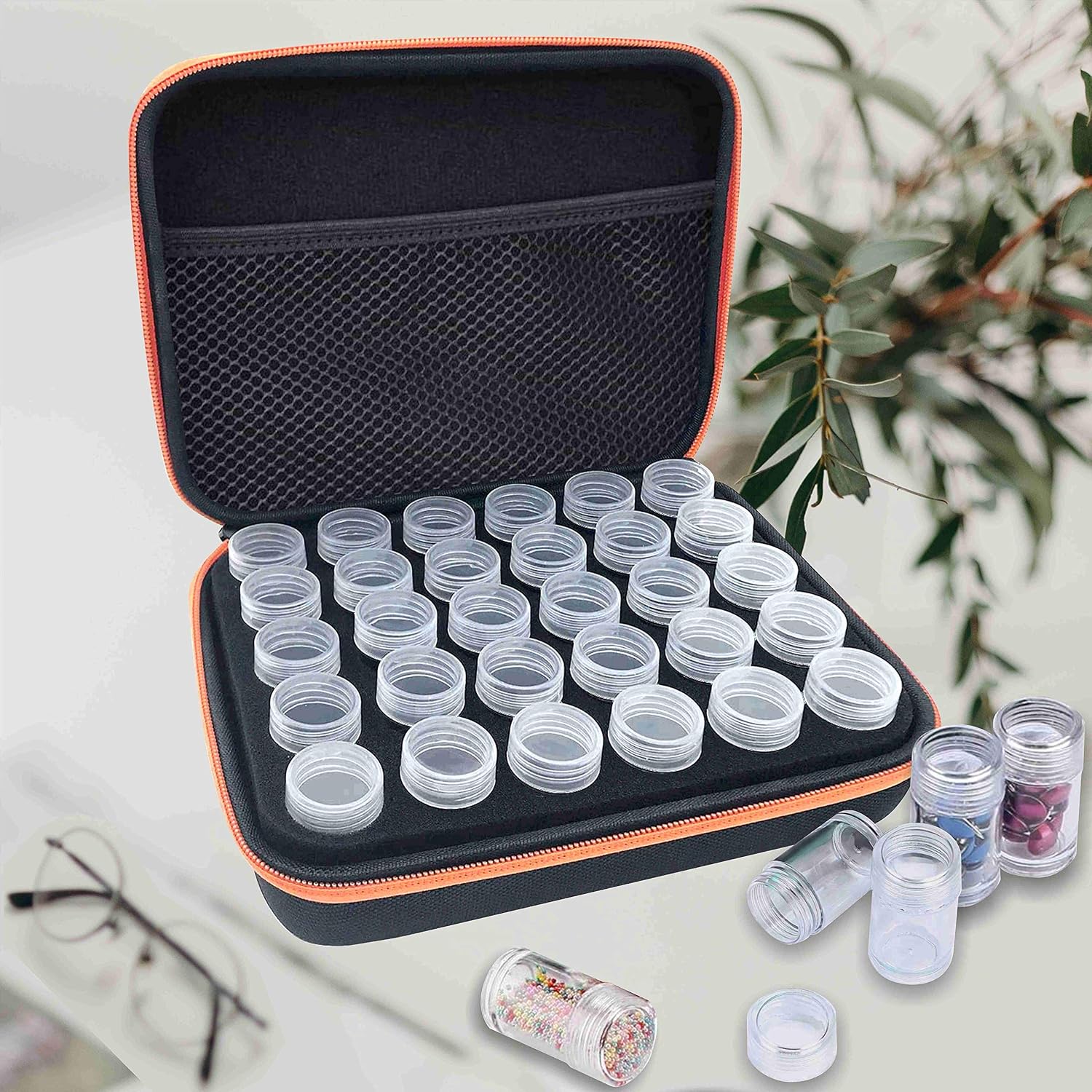 Diamond Painting Storage Containers, 30 Slots EVA Shockproof Beads Storage Organizer Case for Diamond Embroidery Painting Art Accessories Sewing Pills Container with 30 Grids Plastic Jars (Orange)
