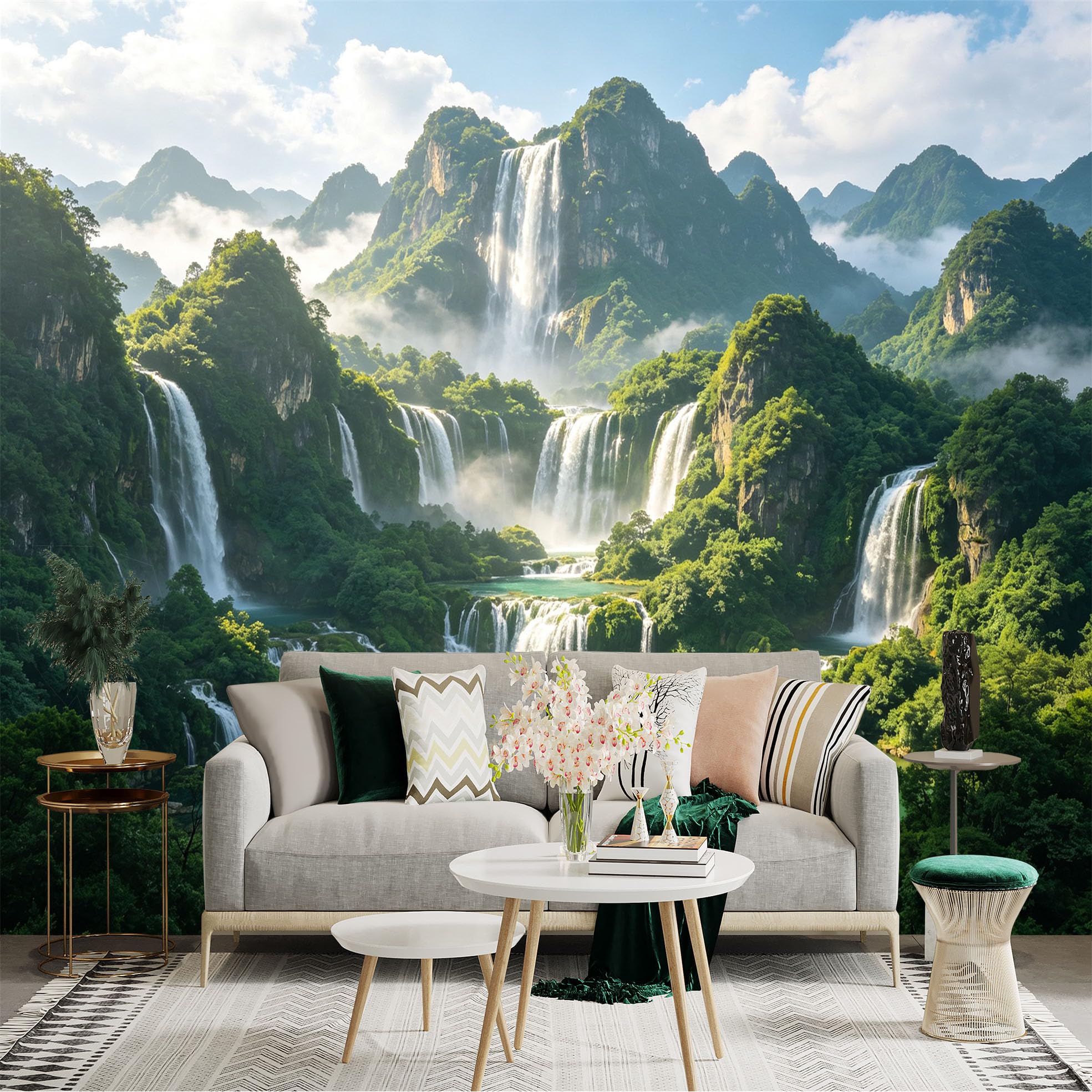 Custom Size Wall Sticker Mural， Majestic Waterfall Landscape， Lush Tropical Mountains， Crystal Clear River， for wall Decoration， peelandstick wall Decals.