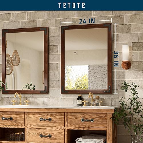 Miniatura 7 de TETOTE Espejo de baño con marco de madera para pared de 24 x 36 pulgadas, espejo de tocador con marco de madera, decoración rústica bohemia para