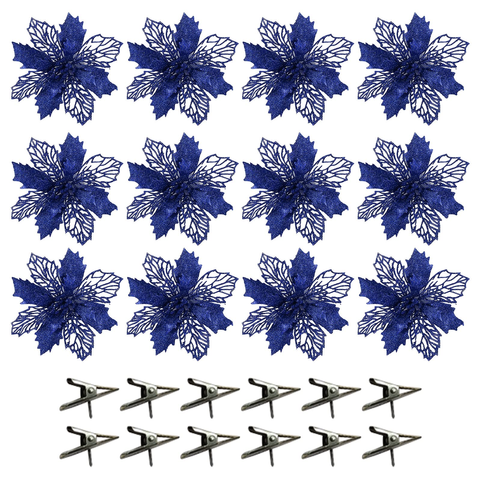 Lemcc Blue 12Pcs Christmas Glitter Poinsettia 16Cm Artificial Poinsettia Flowers With Clips Christmas Tree Flowers Decorations For Xmas Tree Wreaths Garland Holiday Decor