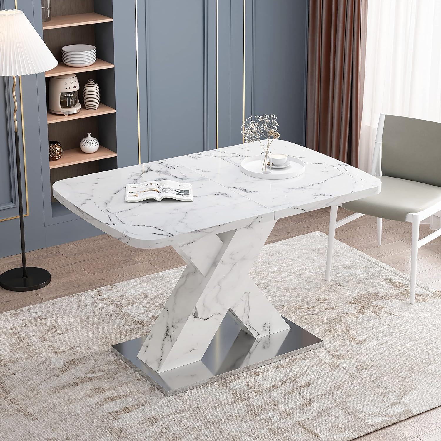 Leavader Modern Square Dining Table - 63" Expandable Table with Marble White Top & X-Shaped Leg, Rectangular for Home, Kitchen, Office