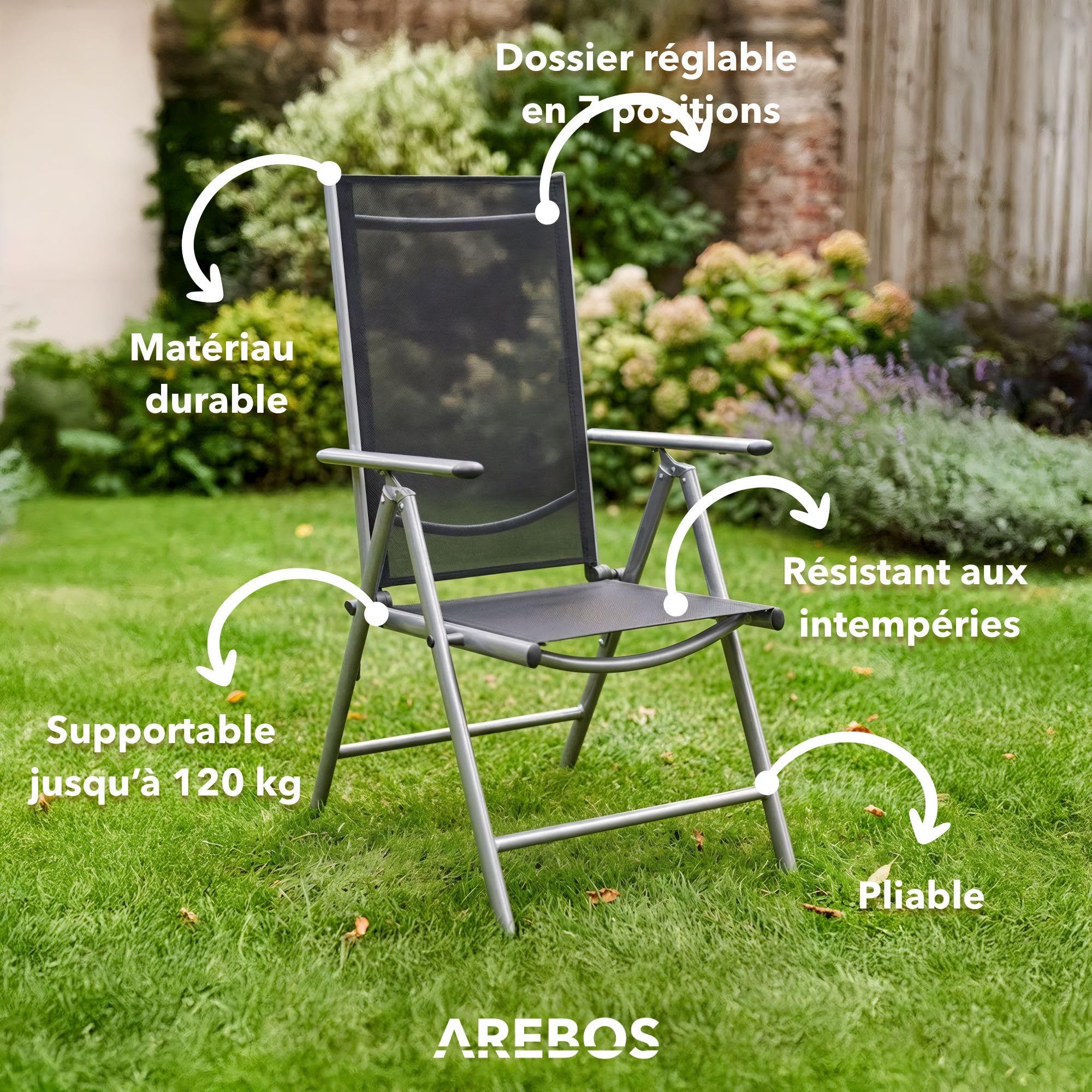 AREBOS Lot de 4 Chaises de Jardin Pliables à Dossier Haut | Dossier Réglable 7 Positions Jusqu’à 150° | Aluminium | Résistantes aux Intempéries et UV | Charge 120 kg