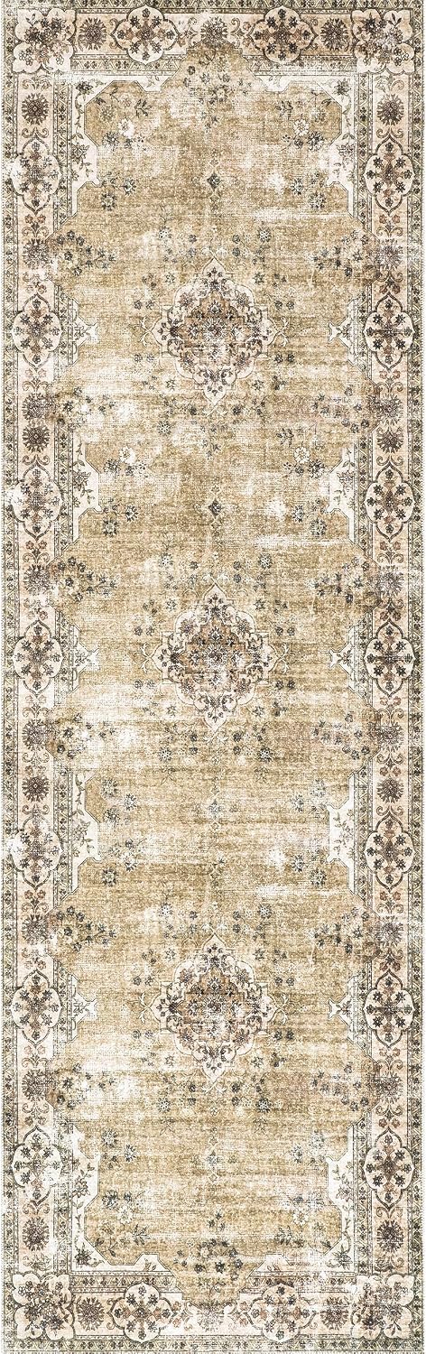 nuLOOM Paisley Machine Washable Faded Floral Border Medallion Ultra Thin Runner Rug, 2' 6" x 8', Beige