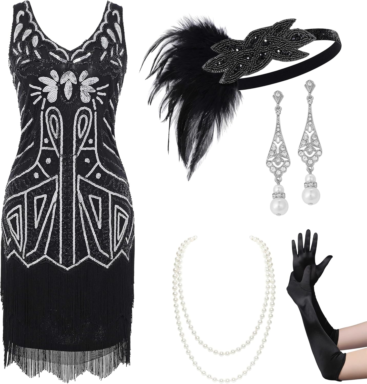 BABEYOND Women’s Flapper Dresses Set 1920s V Neck Beaded Fringed Great Gatsby Dress with Accessories Set