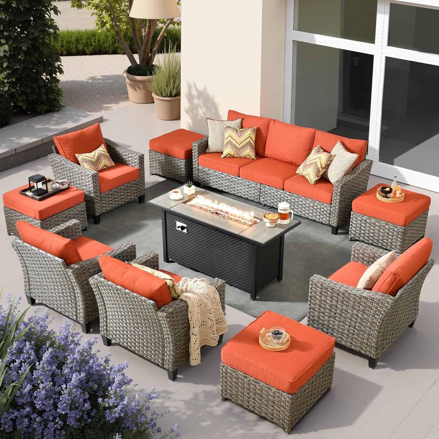 10 PCS Outdoor Patio Furniture 54in Set with Fire Pit Table, All-Weather Rattan Wicker Conversation Group with Deep Seating, High Back Comfort for Porch, Backyard, Orange