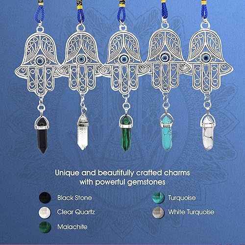 Miniatura 7 de LUCKBOOSTIUM Silver Ornate Hamsa Hand Jeweled Keychain - Evil Eye Protection, Hanging Gemstone - Good Luck Charms 1.8"x9" Malaquita,Amatista,Piedra