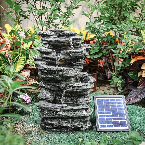 Image BTGGG Water Feature Self Containing Feature Outdoor Fountain Rockery Decoration for Garden, Garden Pond, Terrace, Pond, Balcony Solar Powered Garden Ornament Fountain with LED Light