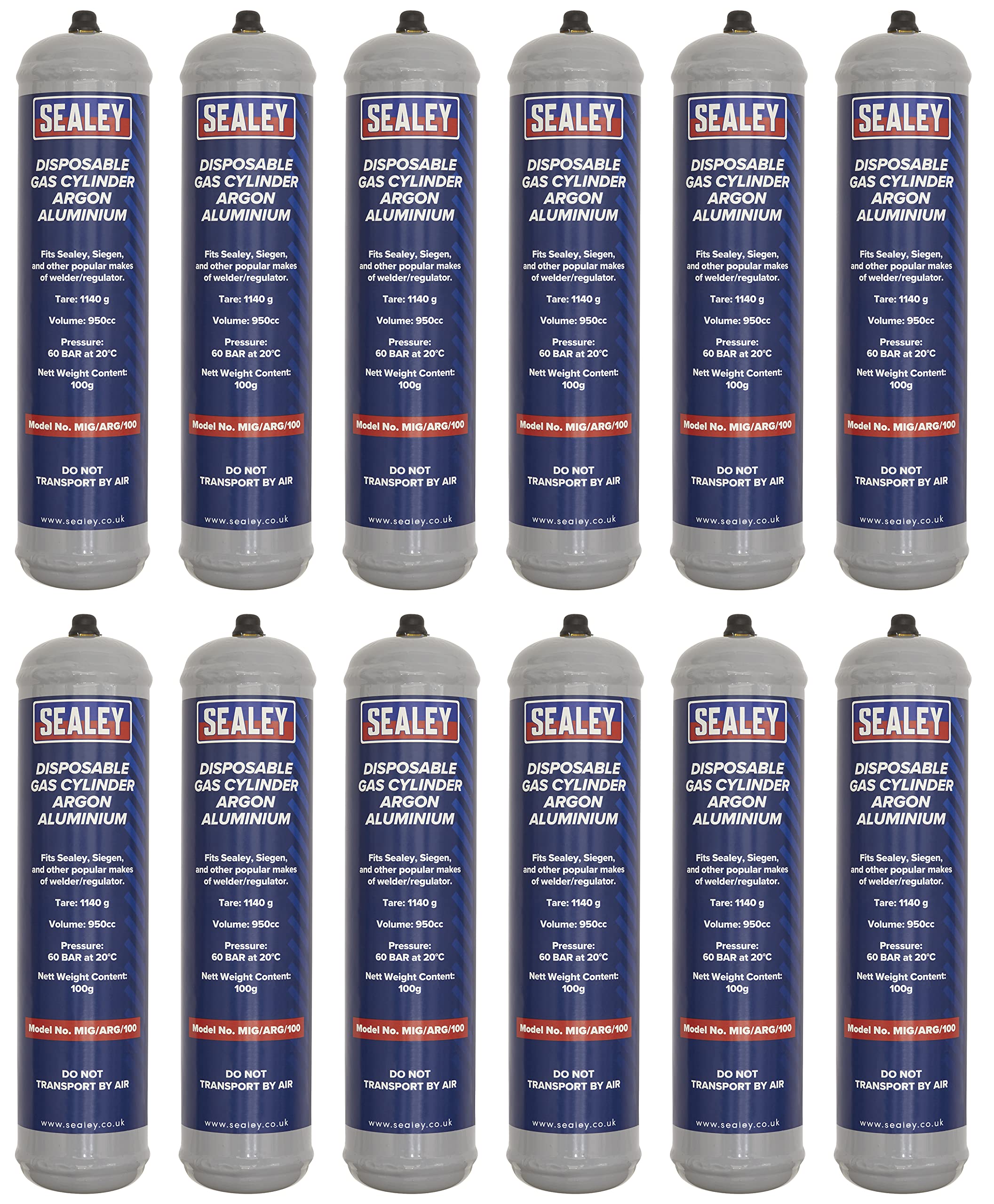 Sealey Disposable Gas Cylinder 100g - Argon - Box of 12 - MIG/ARG/100/12