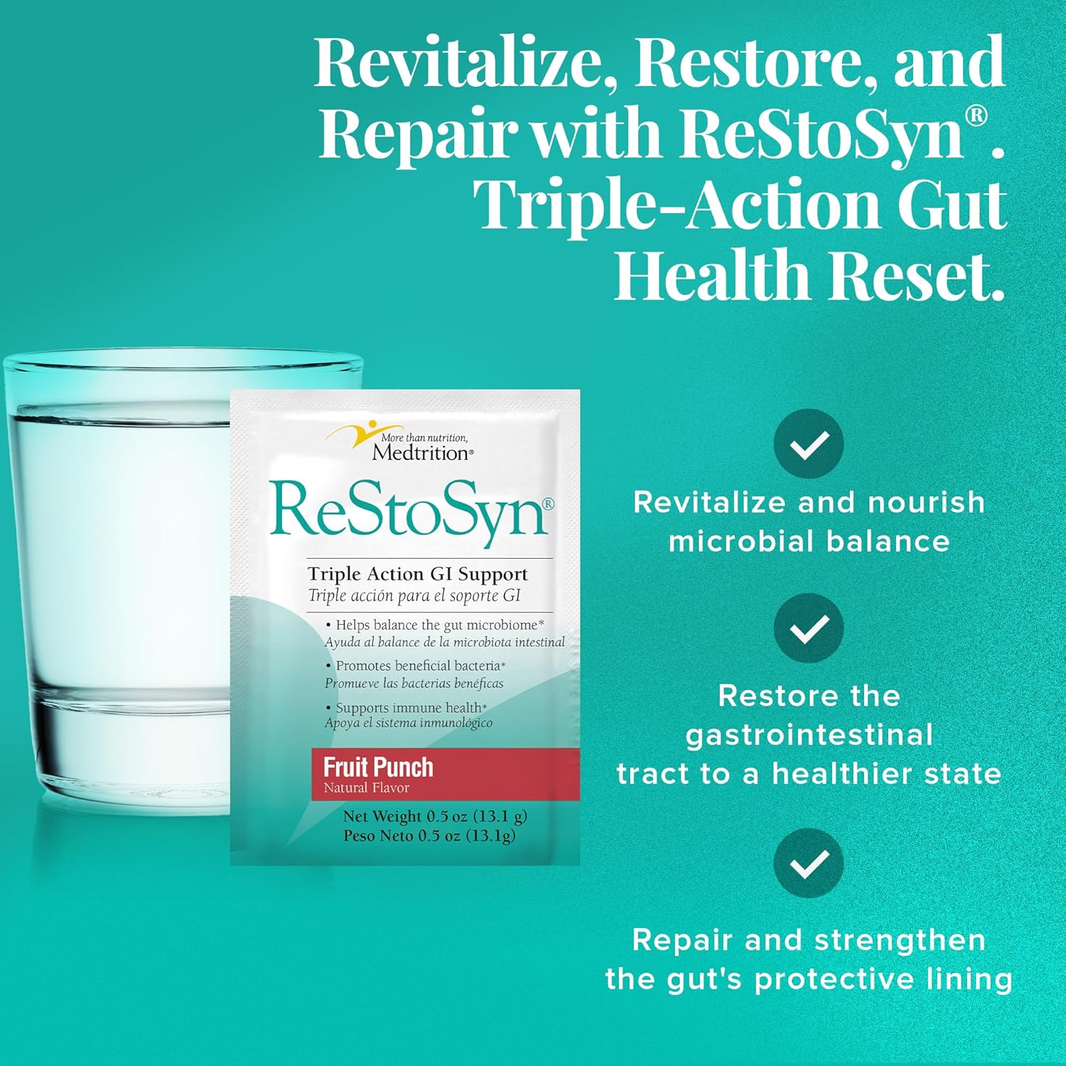 Medtrition ReStoSyn® Triple Action Gut Health Supplement - Prebiotics, Probiotics & L-Glutamine Blend for Digestive & Gut Barrier Support, Plus Microbial Balance - 0.5 Ounce (Pack of 50)