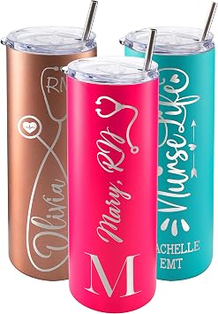 Nurse Gifts for Women, Personalized Nurse Tumbler w/Name and Specialty, 20 Oz Skinny, Hot Pink, 8 Designs - w/Cleaning Brush, Gifts for Nurses, Graduation, Nurse Day, Birthday