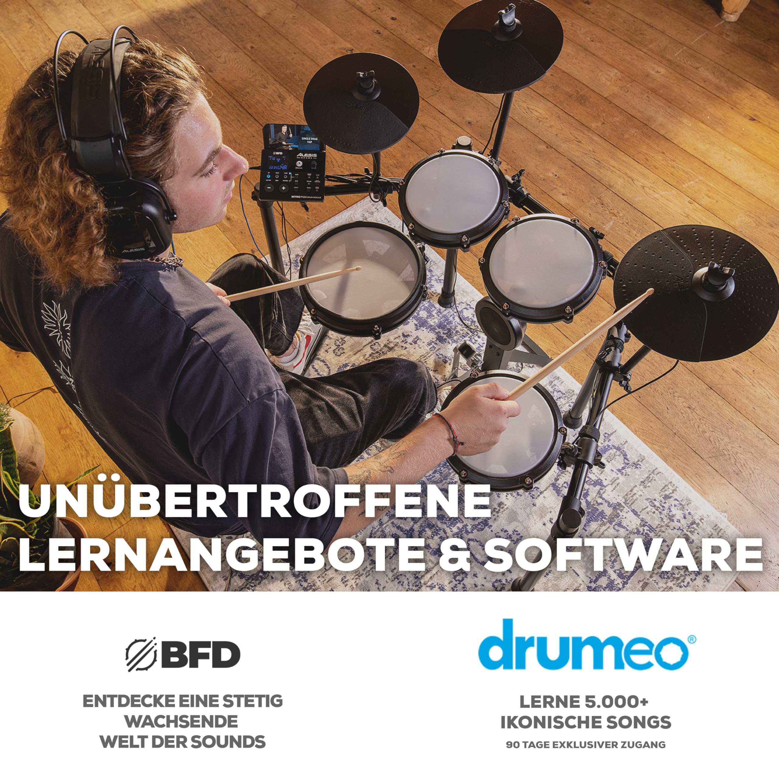 Alesis Nitro Max Kit Elektronische Schlagzeug mit Quiet Mesh Pads, 10" Dual Zone Snare, Bluetooth, 440+ Sounds, Drumeo, USB MIDI, Kick Pedal, Schlagzeughocker und ohrumschließende Kopfhörer