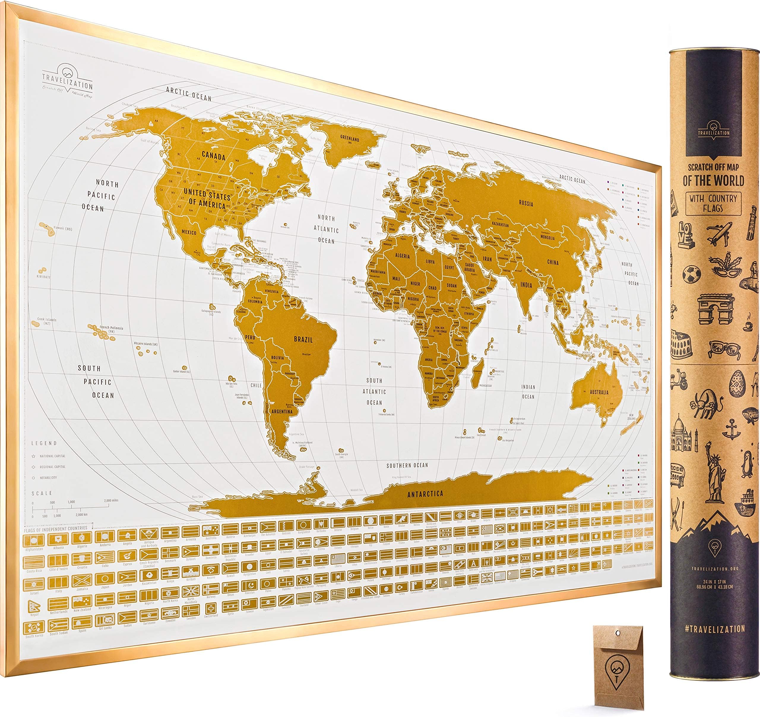 Scratch Off World Map with Flag - 24 x 17 Inches Easy to Frame Scratch Off World Map Wall Art Poster with US States and Flags - Original World Map Scratch Off Travel Map Designed for Travelers