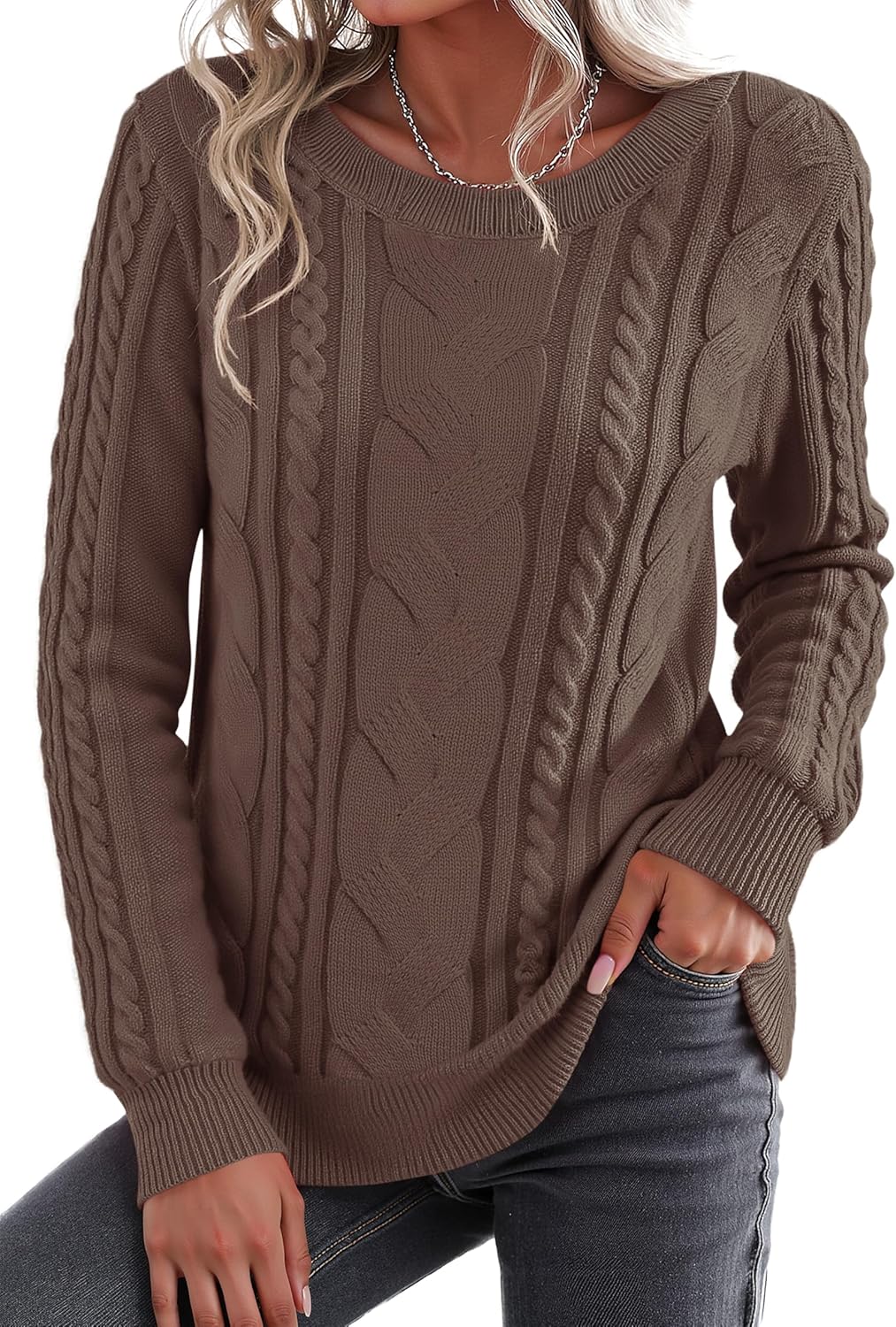 Jouica Women's Fall Fashion 2025 Cable Knit Crewneck Sweater Long Sleeve Cozy Winter Pullover Sweater