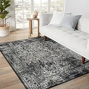 vivorug 4x6 Area Rugs, Stain Resistant Washable Rug for Living Room, Vintage-Inspired Black and White Rug