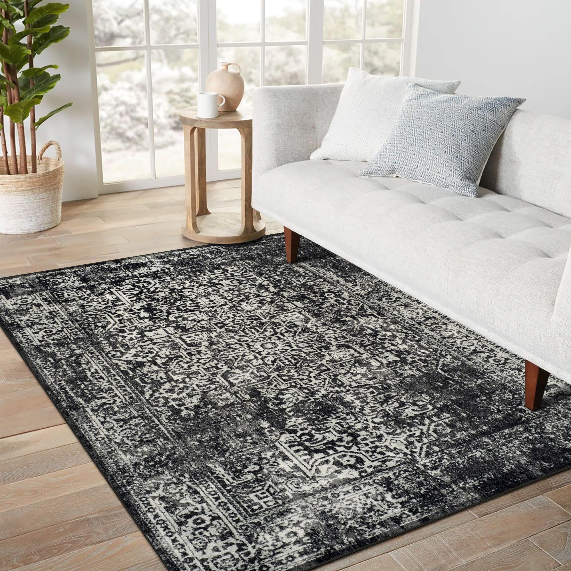 vivorug 4x6 Area Rugs, Stain Resistant Washable Rug for Living Room, Vintage-Inspired Black and White Rug