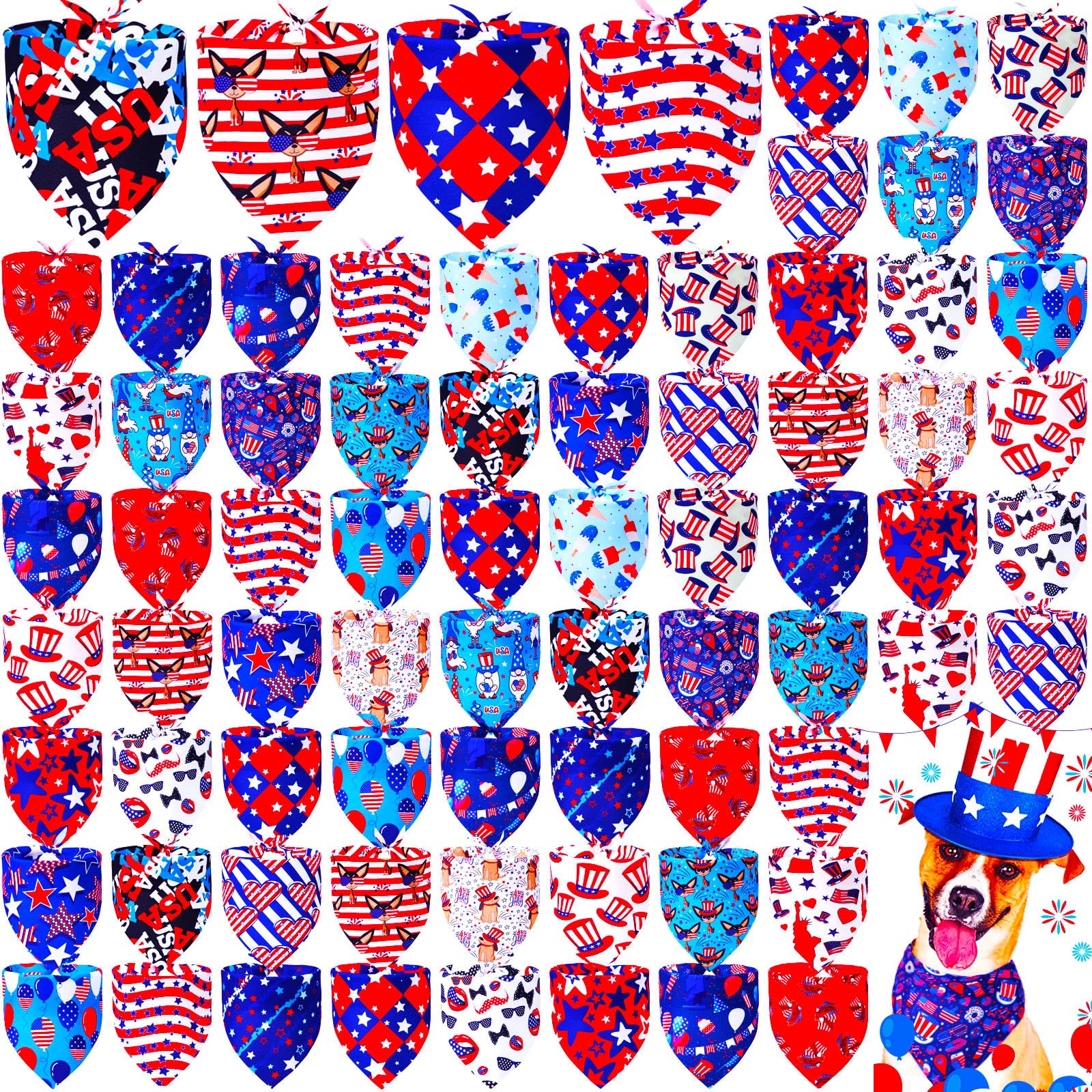 Lot de 100 bandanas réglables pour chien du 4 juillet pour le jour de l'indépendance pour chien de petite et moyenne taille