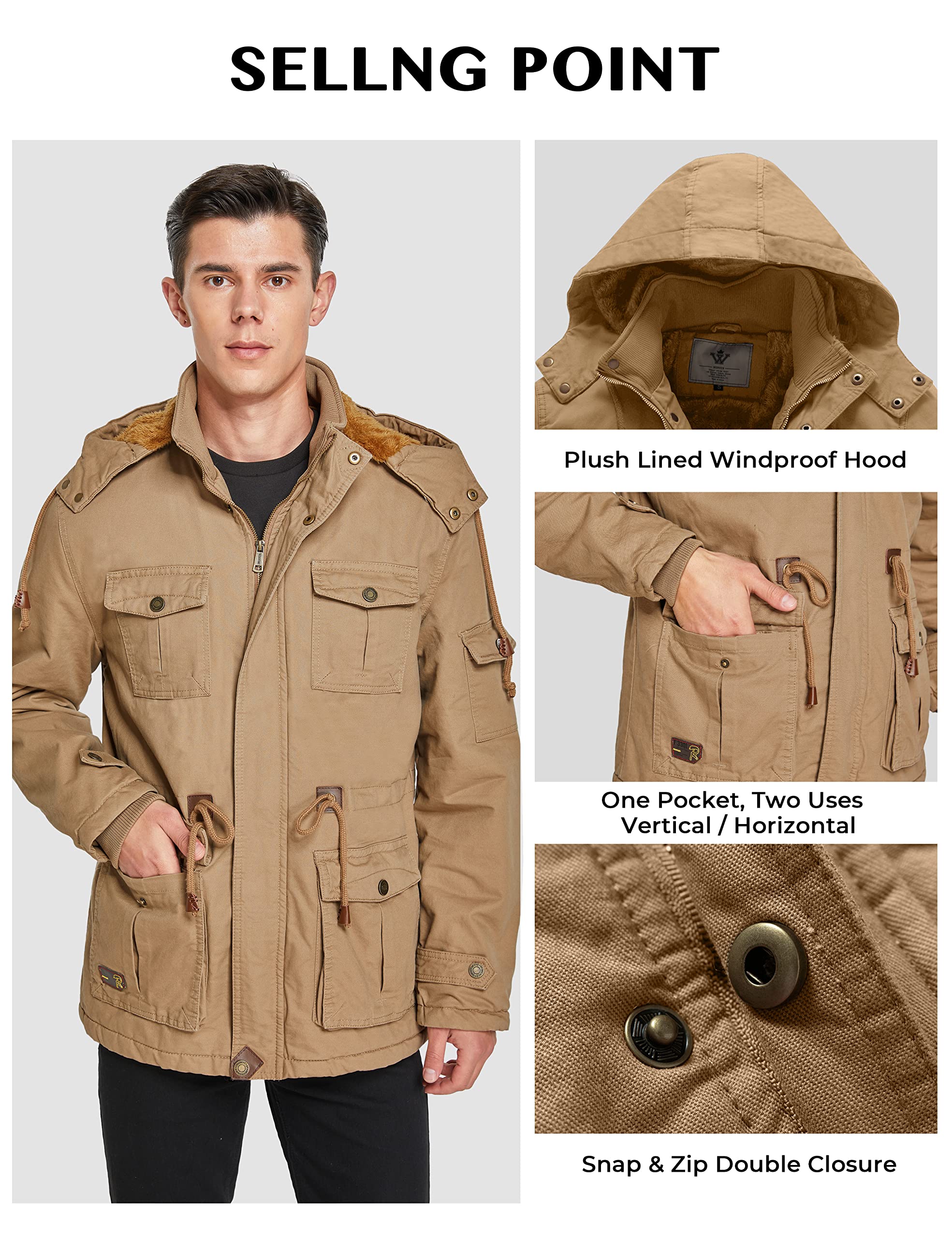 WenVen Abrigos Cálido Invierno Chaqueta Entretiempo Parka Militar Hombre | Capucha Gruesa Extraíble,Forro Gruesa,Rompevientos,Cálida,Rompevientos Ligero,Exteriores,Exterior,Senderismo,uso Diario