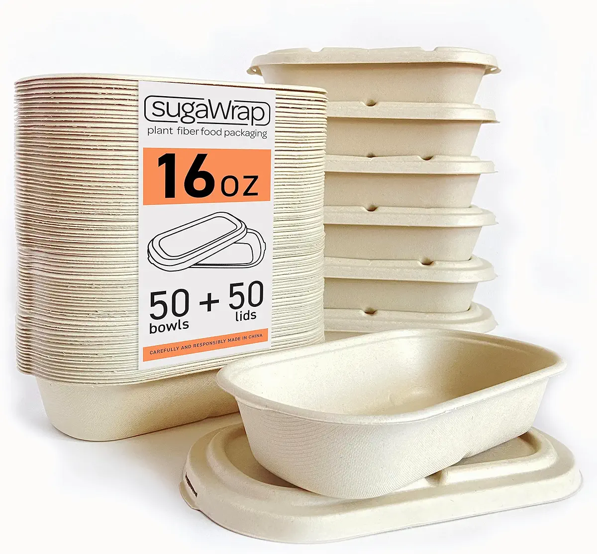 SugaWrap Disposable 16oz Oval Food Containers with Lids [50 Bowls + 50 Lids] Eco-Friendly Biodegradable Bamboo &amp; Sugarcane, Sturdy &amp; Leakproof, Freezer &amp; Microwave Safe for Hot &amp; Cold