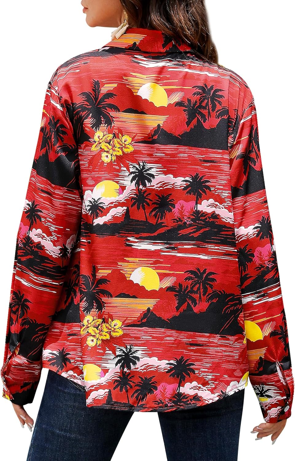 Womens Long Sleeve Hawaiian Shirts V Neck Button Down Floral Printed Shirt Trendy Boho Casual Blouses Tops - Image 5