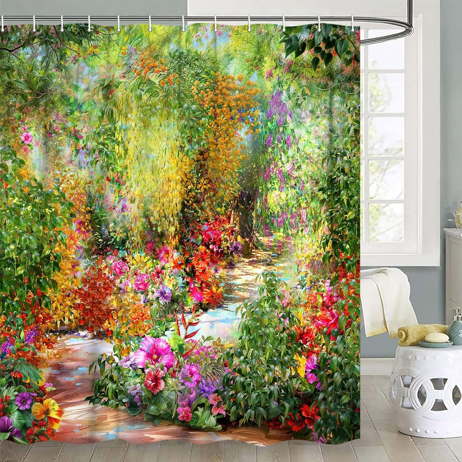 JAWO Floral Shower Curtain Spring Summer Mystic Secret Watercolor Flower Garden Bathroom Accessory Set Vintage Floral Shower Curtain for Bathroom with Hooks